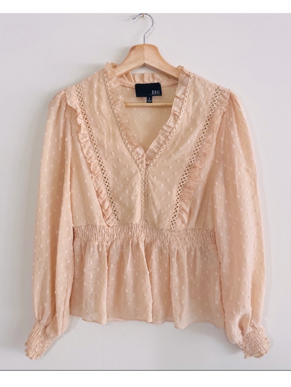 KAii Victorian Swiss Dot Peach Ruffle Top S